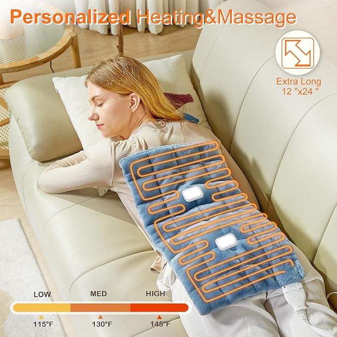 Weighted Heating Pad with 2 Massager,Vibrating Heating Pads for for Back &Neck Pain Cramps 12"x24",3 Heat Levels,9 Massage Modes,2Hrs Auto-Off,Fathers Day Gift (XL Blue)