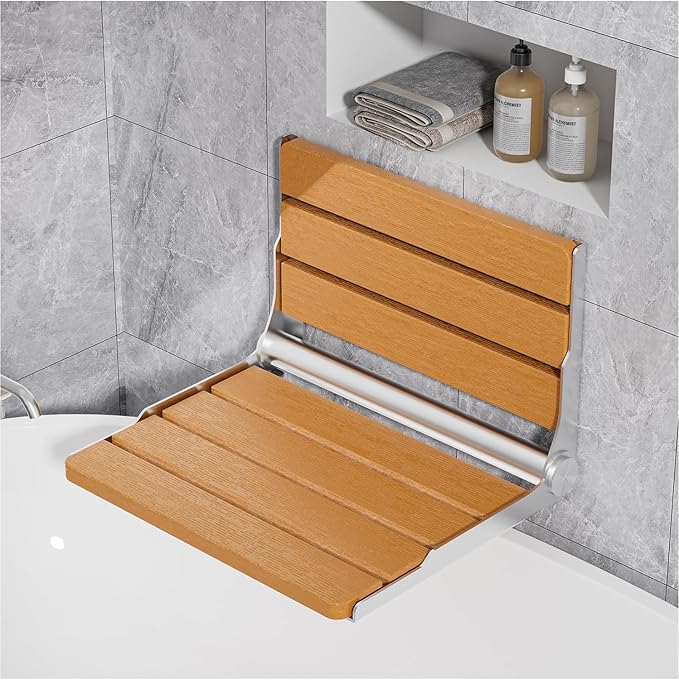 Folding Shower Seat Wall Mounted, 15" Folding Shower Bench for Elderly, Disabled, Pregnant, Foldable Shower Chair for Small Bathroom, 400 lbs Capacity, Space-Saving Design - Teak