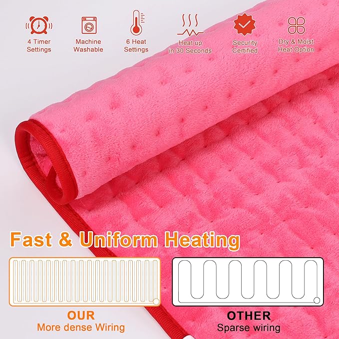 Deepsoon Heating Pad,Electric Heating Pads for Back,Neck,Moist Heating Pad for Abdomen Shoulder Knee Legs,Dry/Moist Heat&Auto Shut Off,Mother's Day Birthday for Men and Women,Fuchsia,24x12 Inch