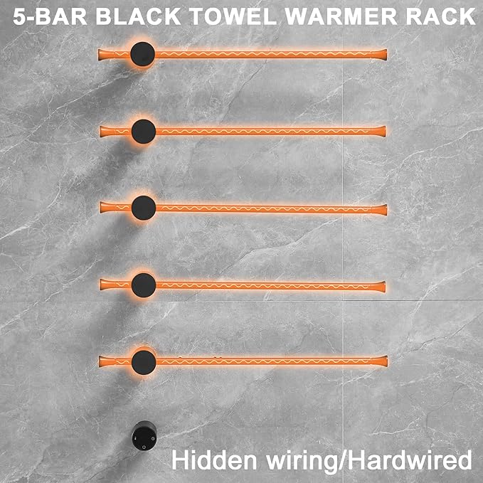 Towel Warmer Rack, Black 5-Bar Aluminum Alloy, Heated Towel Bar for Bathroom, Hidden Wiring/Support Hardwired Heated Towel Rail, with Timer and Temperature Adjustment, Overheat Protection Function