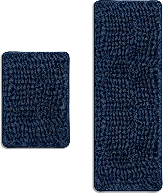Bathroom Rugs Sets 2 Piece – Absorbent and Washable Bath Mat, Non-Slip, Thick Soft Chenille Bath Rugs for Bathroom Floor, Shower, Sink(17" x 24"+17" x 47", Navy Blue)