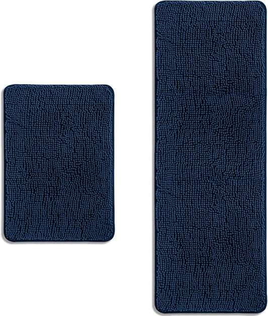 Bathroom Rugs Sets 2 Piece – Absorbent and Washable Bath Mat, Non-Slip, Thick Soft Chenille Bath Rugs for Bathroom Floor, Shower, Sink(17" x 24"+17" x 47", Navy Blue)