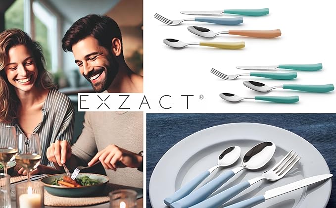 EXZACT 16-Piece Flatware Set for 4 – Colored Stainless Steel Cutlery with Wide Plastic Handles – Comfortable Tableware: Forks, Knives, Spoons, Teaspoons