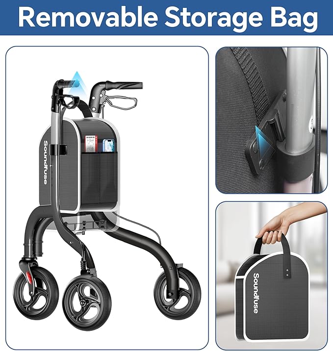 SOUNDFUSE 3 Wheel Walkers for Seniors, Lightweight Foldable Aluminum Rollator Walker, Height Adjustable Three Wheel Walker, Black