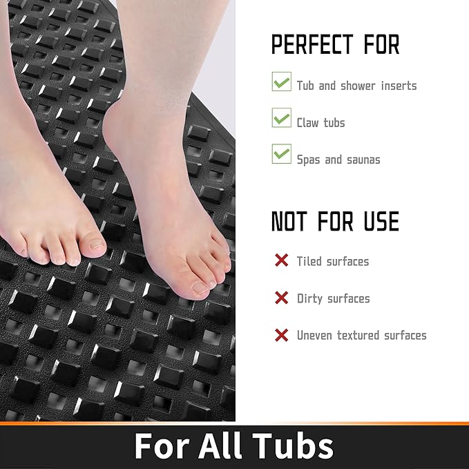 Yimobra Bathtub Mat Non Slip, Super Strong Suction Cups, 27.5"x15.5" Long Shower Mat with Drain Holes, Machine Washable Fast Draining Bath Mats, Bathroom Essentials,Black