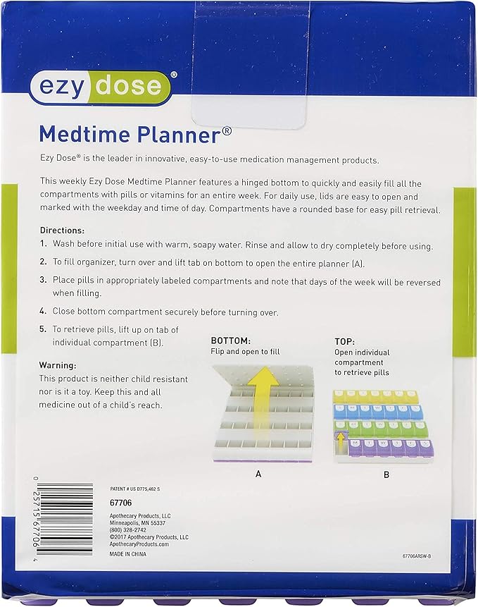EZY DOSE Weekly (7-Day) Pill Case, Medicine Planner, Vitamin Organizer Box, 4 Times a Day, Large Compartments, Easy Fill All Compartments at Once Organizer, Multi-Colored, BPA Free