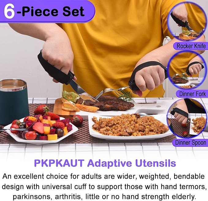 Weighted Parkinsons Utensils for Hand Tremors, Weighted Silverware for Parkinsons Patients Arthritic Hands, Built Up Utensils for Adults, Adaptive Eating Utensils for Disabled People Elderly