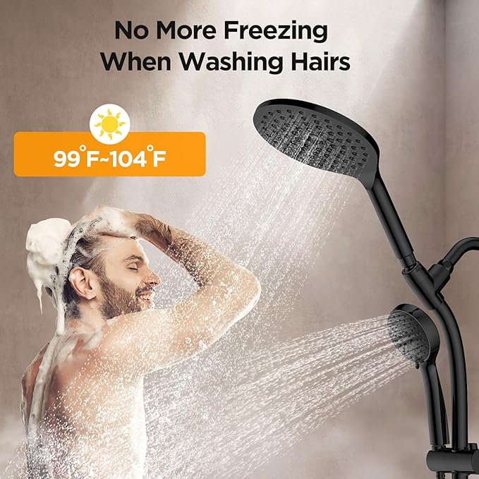 MakeFit Drill-free Dual Shower Head with Handheld Combo Rainfall Shower Head Easy Reach 3-way Diverter Stainless Steel Slide Bar with Height Adjustable Holder Adjustable Rain Showerhead (Black)