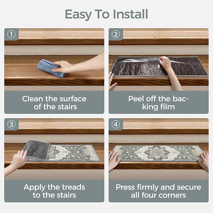 Non Slip Stair Treads for Wooden Steps 15PCS - 8"x30" Indoor Safety Carpet, Edging Mats with TPE Adhesive Backing, Pet and Elderly Friendly Stair Rugs (Heathered Grey)