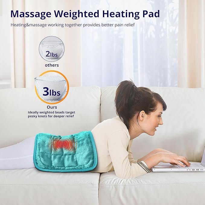 Heating Pad, Weighted Heating Pad with Massaging Vibrations, 6 Heat Settings & 4 Massage Modes,Soothing Warmth for Back & Shoulders, 12" x 24",Light Blue