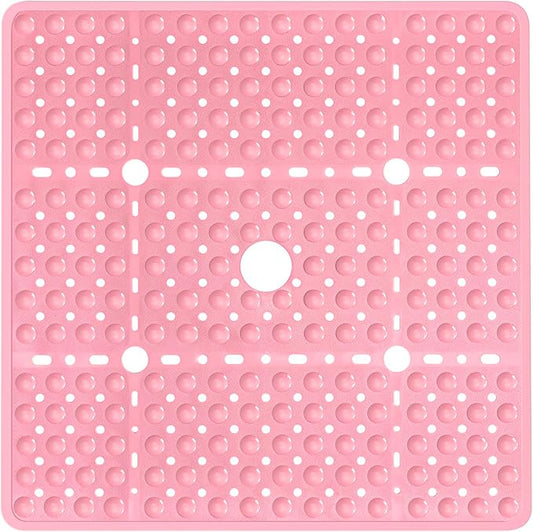 Large Square Shower Mat 27 x 27 Inch Pink, Non Slip Shower Bathtub Mats for Inside Shower with Big Suction Cups Drain Holes, Anti Slip Bathroom Floor Shower Stall Mats, Easy Clean, BPA-Free