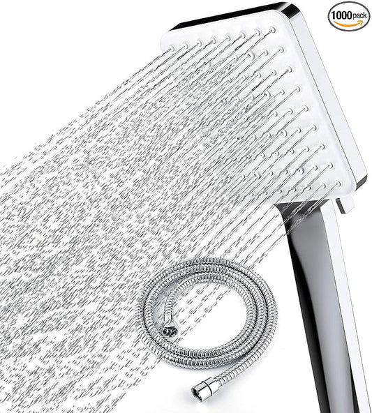 Newentor® Handheld High Pressure 6 Spray Modes/Settings Detachable Chrome Finish Square Shower Head with Stainless Steel Hose and Multi-Angle Adjustable Shower Stand