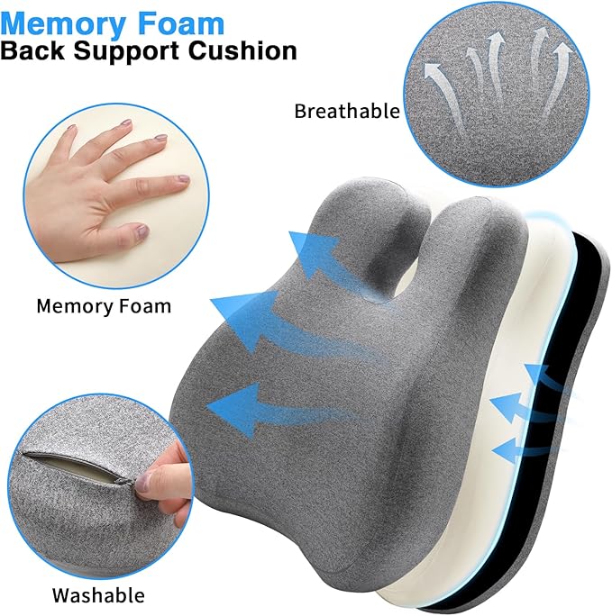 FRIENA Lumbar Support Pillow for Office Chair & Home– High-Density Memory Foam Back Cushion for Lower Back Pain Relief, Ergonomic Back Support Pillow with Breathable Washable Cover – Gray