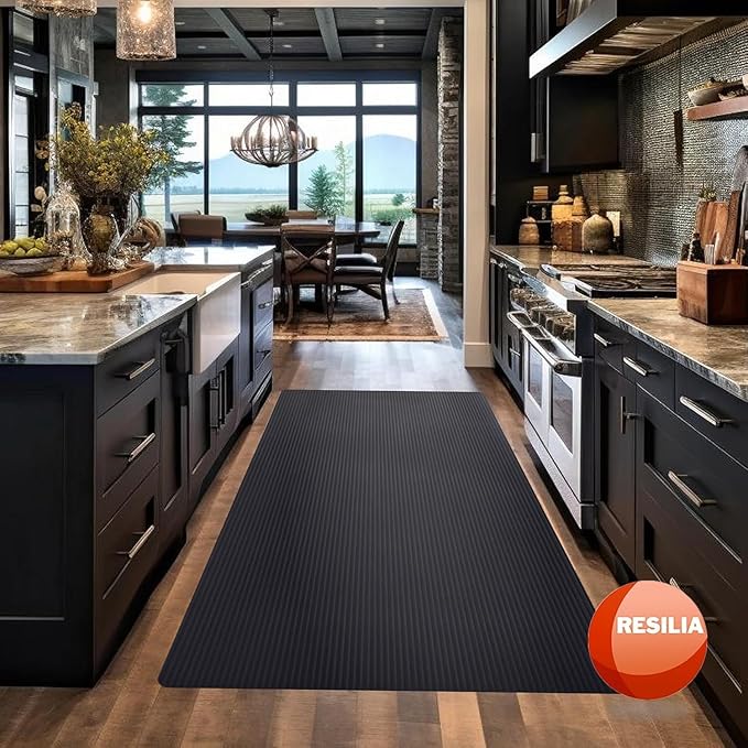 RESILIA Black Plastic Floor Runner - Embossed Wide Rib Waterproof Vinyl, Heavy Duty Protector Mat for Indoor Hardwood, Hard Floors, Garage, Entryway, Kitchen, & Outdoor Use, 15" x 48", Made in USA
