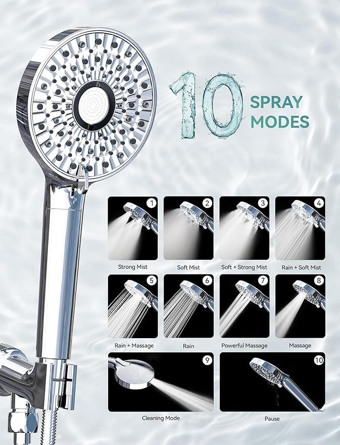 Magichome Filtered Shower Head with Handheld, High Pressure 10-Spd Detachable Chrome Showerhead with Stainless Hose, Water Softener Filter Beads for Hard Water - Remove Chlorine, Reduce Dry Itchy Skin
