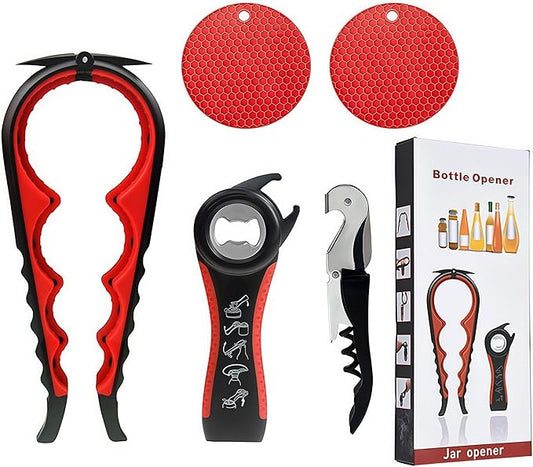 Jar Opener for Weak Hands, Seniors with Arthritis, 5-in-1 Jar & Bottle Opener Easy Grip - Non-Slip Silicone Gripper Pad, Easy Open Can/Lid Opener Set Black Red