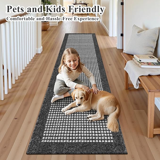 Ileading Hallway Runner Rug 2.6'x12' Heavy-Duty Durable Entryway Floor Mat with Non Slip Rubber Backing for Busy Traffic Extended Indoor Doormat Machine Washable Black Kitchen Throw Rug for Corridor