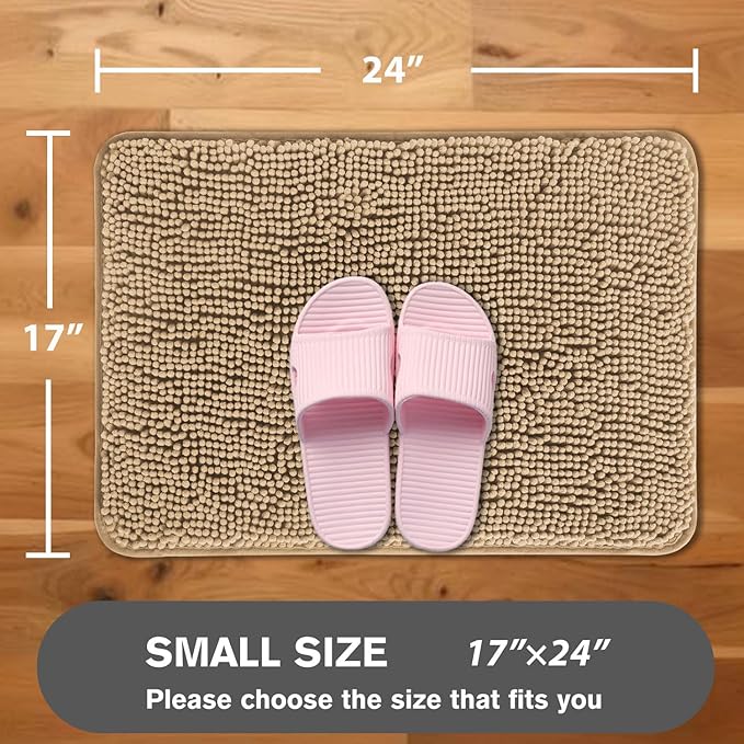 Beige Bathroom Rugs – Absorbent and Washable Bath Mat, Non-Slip, Thick Soft Chenille Bath Rugs for Bathroom Floor, Shower, Sink - 17" x 24"