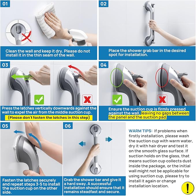 LEVERLOC Grab Bars for Bathtubs and Showers, Shower Handle 17 Inch Strong Suction Bath Handrails, Safety Grip for Bathroom Chair, Bathroom Grab Bar for Senior No Drilling Waterproof,Silver