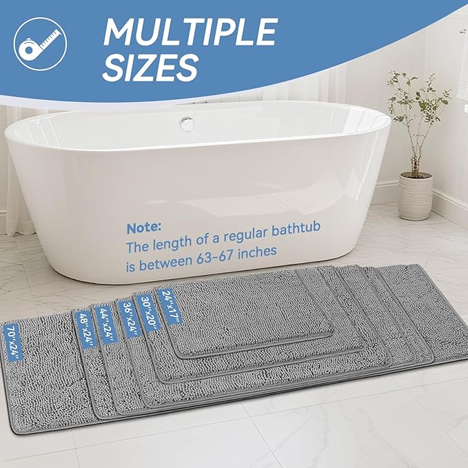 Bcoimo 36x24 Chenille Bath Mat – Non-Slip with Backing Bath Rug Ultra-Absorbent and Machine Washable Bathroom Mat Quick-Dry Design. Ideal for Bathroom Shower and Tub Areas