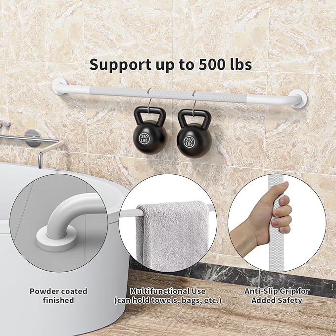 40 Inch Anti Slip Shower Grab Bar, Munzong Bathroom Grab Bar for Showers, White Knurled Handicap Balance Bar,Safety Hand Rail Support Elderly Senior Assist Bath Handle
