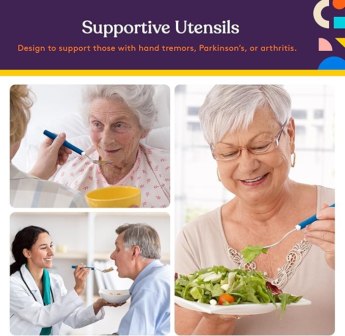 Special Supplies Adaptive Utensils 5-Piece Set Non-Weighted, Non-Slip Handles for Hand Tremors, Arthritis, Parkinson’s or Elderly Use - Stainless Steel Knife, Rocker Knife, Fork, Spoons - Blue