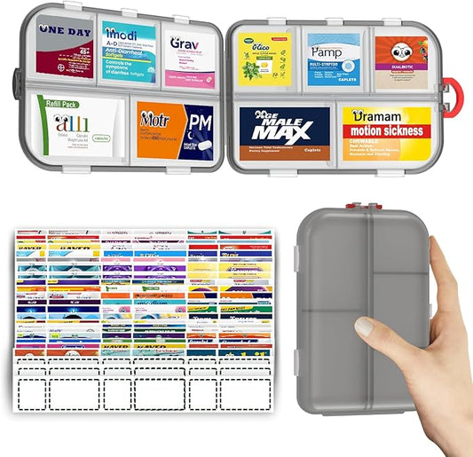 Pill Organizer Travel Medicine Case - Daily Pill Organizer with 144 Labels, Portable Travel Essentials for Medication