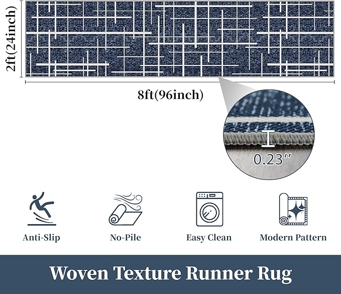 Non Slip Hallway Runner Rug 2x8,Modern Distressed Stripe, Washable Long Rug, Woven Thin Low Pile Carpet Runners for Hallway 10ft Entryway, Kitchen, Walkway- Blue