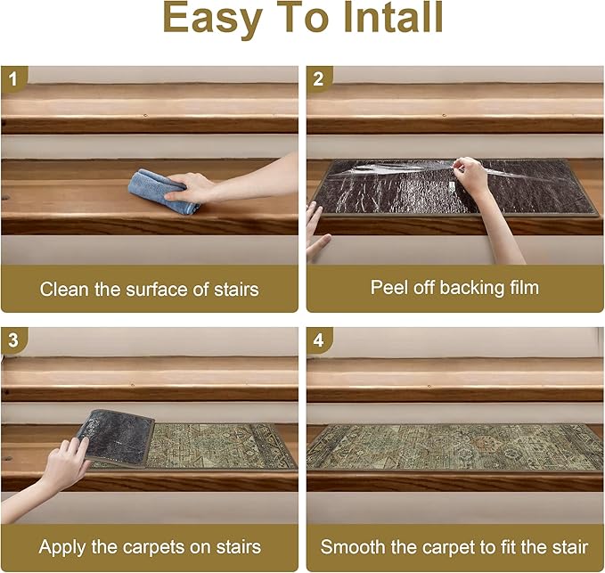 sarben Carpet Stair Treads Non Slip 1PCS, 30" X 30"Edging Stair Runner for Wooden Steps Indoor, Resistant Stair Rugs with Reusable TPE Adhesive Backing, Residue Free Mat for Kids,Pets,Vintage Sage