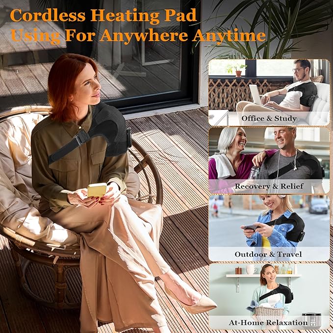 Cordless Shoulder Heating Pad & Massager, Electric Heated Shoulder Brace Wrap, Heating Pads for Rotator Cuff and Frozen Pain Relief,5000mAh Chargeable Powered, Men & Women, Black