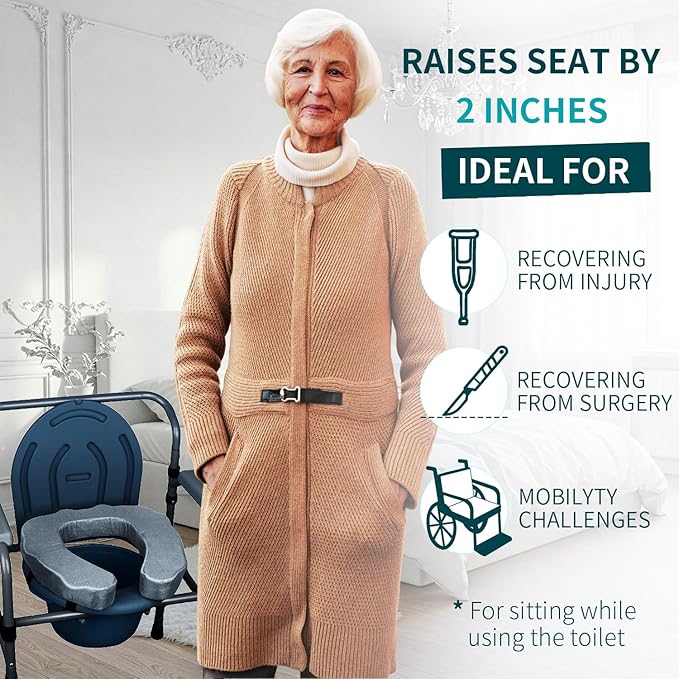 Raised Toilet Seat Cushion for Elderly - Adds 2 inches - Commode Seat Cushion Padded Toilet Seat Riser with High-Density Foam for Enhanced Comfort & Elevation, Universal Fit (2 inches)