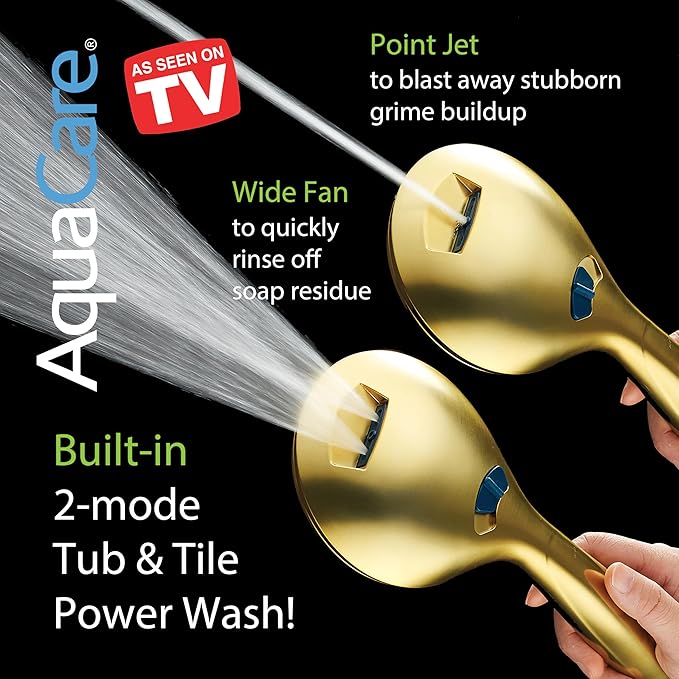 AquaCare High Pressure 8-mode Handheld Shower Head - Anti-clog Nozzles, Built-in Power Wash to Clean Tub, Tile & Pets, Extra Long 6 ft. Stainless Steel Hose, Wall & Overhead Brackets