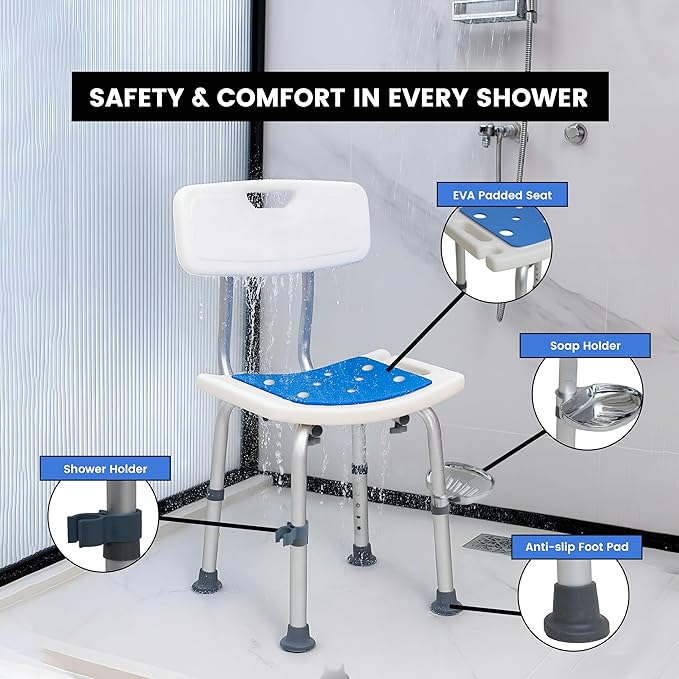 Shower Chair for Inside Shower With Soap box - Height Adjustable Shower Chair for Elderly and Disabled with Removeable Back & Enhanced Non-Slip Feet - Lightweight Aluminum Construction - Blue