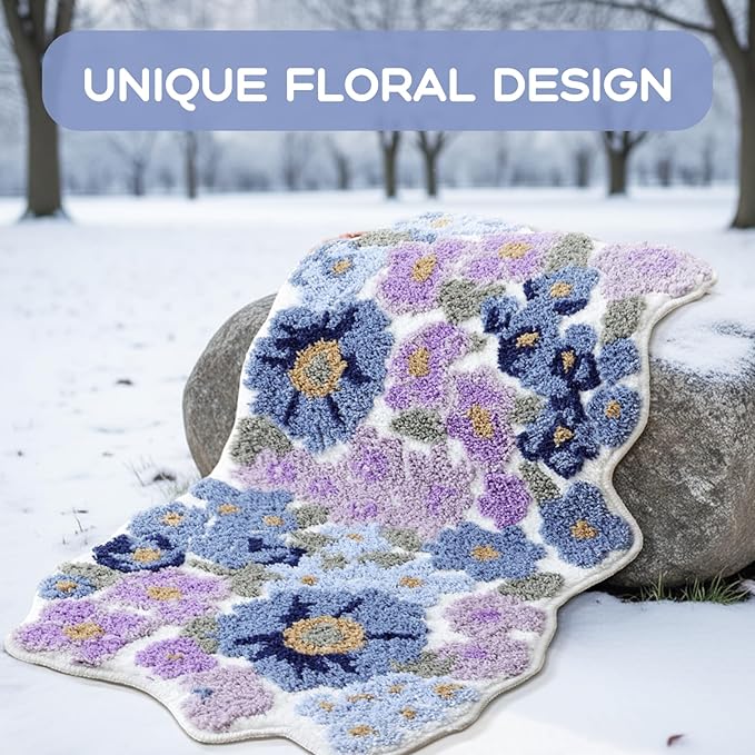 TRUEDAYS Wildflower Floral Bathroom Rug - Cute Tufted Non Slip Soft Flower Shaped Bath Mat, Washable Farmhouse & Cottagecore Bathroom Decor - Aesthetic Purple Rug for Vanity, Tub, Entryway