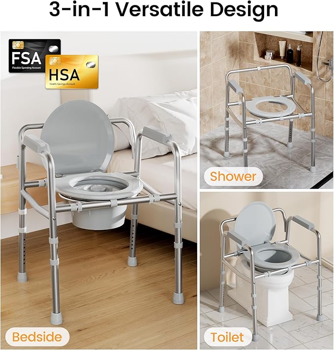 SOUNDFUSE 3 in 1 Bedside Commode Chair, Sturdy Dual-Crossbar Support, 350 Lbs Weight Capacity, Bedside Commode for Seniors with 7.5Qt Bucket, Portable Potty Chair for Adults, Silver