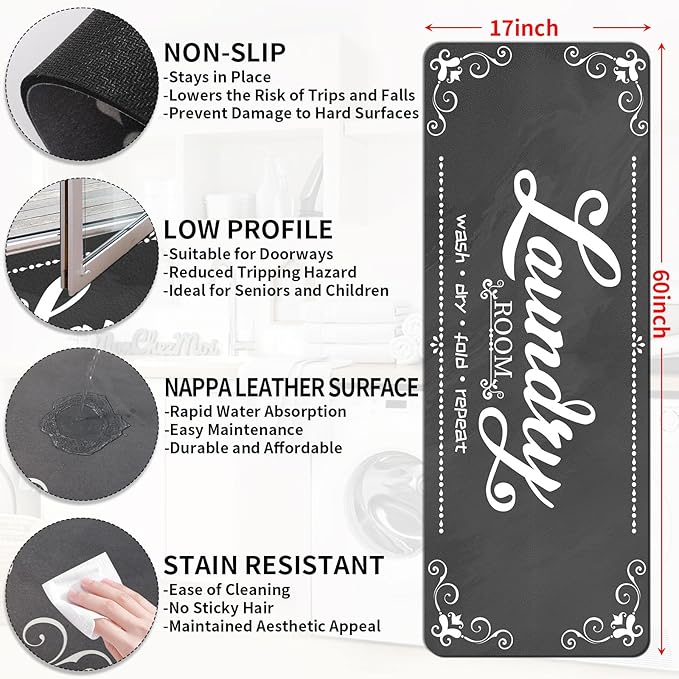 XLHOMO Laundry Room Rug Runner, 17"x60" Non Slip Grey Nappa Leather Laundry Rugs, Farmhouse Washable Floor Laundry Mats for Laundry Room, Kitchen, Washroom, Bathroom, Mudroom, Hallway Entryway Decor