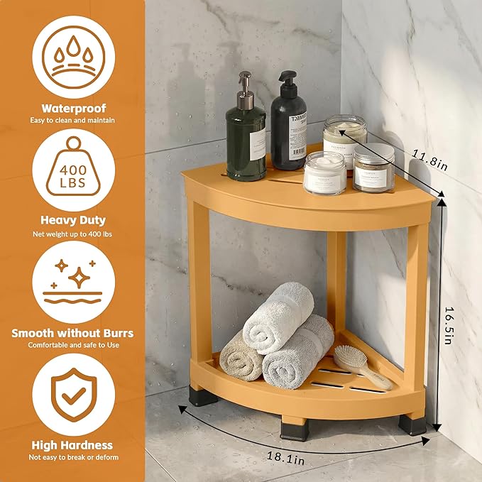 GallopFun Corner Shower Stool for Inside Shower, Waterproof Shower Bench for Shaving Legs, Plastic Anti-Fracture Shower Seat/Foot Rest with Baffle Storage Shelf, Rapid Assembly DIY Shelf (Yellow)