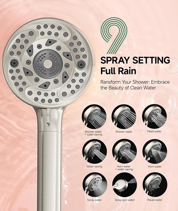 SunCleanse Filtered Shower Head with Handheld,9-Spray Setting Detachable Shower Head with 4 Filters for Hard Water - Filter Chlorine, Improve Skin and Hair Texture (4 Filters, Brushed Nickel)