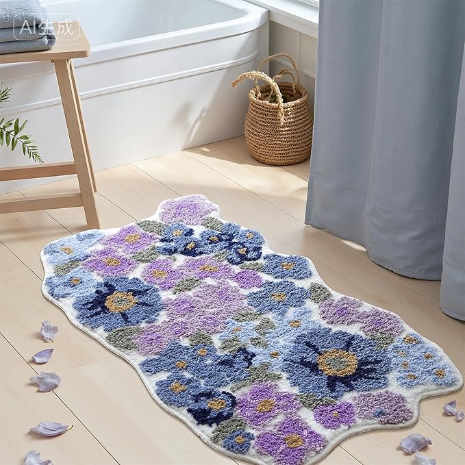 TRUEDAYS Wildflower Floral Bathroom Rug - Cute Tufted Non Slip Soft Flower Shaped Bath Mat, Washable Farmhouse & Cottagecore Bathroom Decor - Aesthetic Purple Rug for Vanity, Tub, Entryway