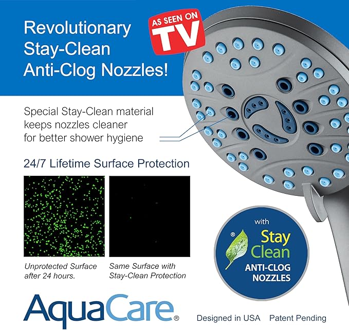 AquaCare High Pressure 8-mode Handheld Shower Head - Anti-clog Nozzles, Built-in Power Wash to Clean Tub, Tile & Pets, Extra Long 6 ft. Stainless Steel Hose, Wall & Overhead Brackets