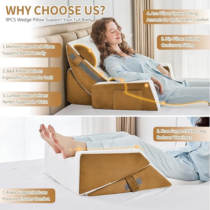 Yojoker 9PCS Orthopedic Bed Wedge Pillow Set for Sleeping, Back and Leg Pain Relief, Post Surgery Foam Pillow for Body, Triangle Adjustable Support Pillow - Acid Reflux Sleeping Pillows Brown