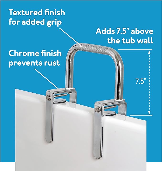 Carex Bathtub Rail with Finish Bathtub Grab Bar Safety Bar for Seniors and Handicap for Assistance Getting in and Out of Tub, Easy to Install on Most Tubs, Chrome, 1 Count