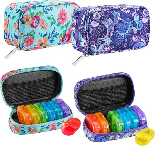 Serfeymi Weekly Travel Pill Organizer 2 Times A Day AM PM Rainbow Pill Box 7 Day with Zipper Canvas Pill Case, Medicine Organizer for Pills, Vitamins, Fish Oils - Green 01+ Purple 01