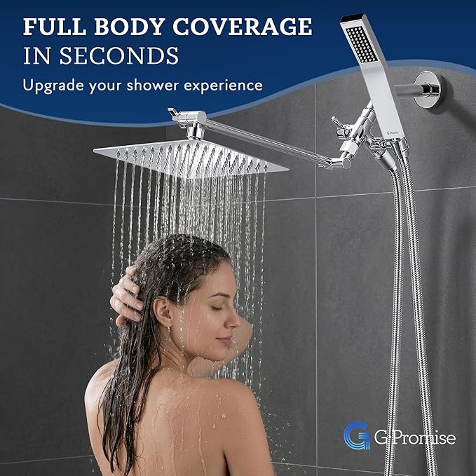 G-Promise All Metal 8 Inch Dual Square Shower Head with Handheld Spray Combo, Rain Shower Head, Adjustable Extension Arm, Smooth 3-Way Diverter, 71 Inch Extra Long Hose - A Bathroom Upgrade (Chrome)