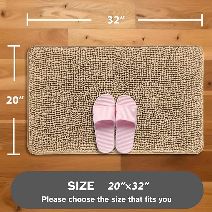 Beige Bathroom Rugs – Absorbent and Washable Bath Mat, Non-Slip, Thick Soft Chenille Bath Rugs for Bathroom Floor, Shower, Sink - 20" x 32"
