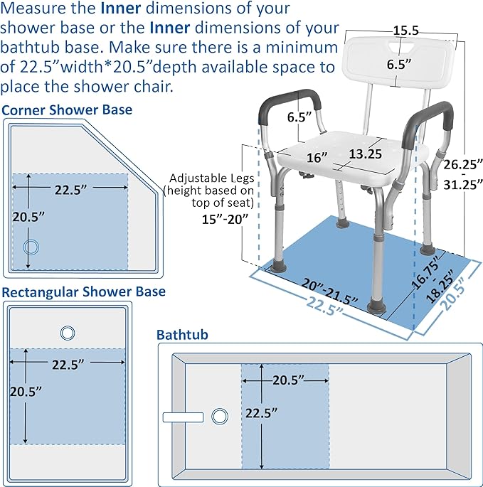 Vaunn Medical Deluxe Spa Shower Chair with Arms and Back, Bath Seat for Seniors, 350 lbs Max Weight, White With Light Gray Arms