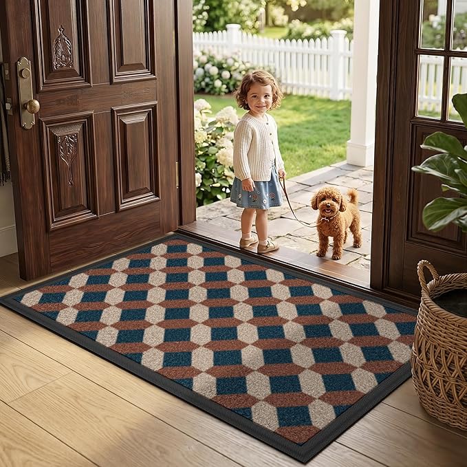 LUMI Front Door Mat 24x36, Low-Profile Non-Slip Welcome Mat for Indoor Outdoor, Stain & Fade Resistant Geometric Door Mat for Entryway Patio Porch, Geo-Navy