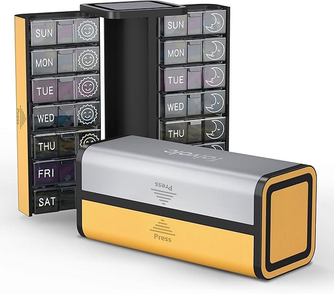 Pill Organizer 7 Day AM PM, Discreet 2 Times a Day Weekly Pill Box with Double Protection Shell, Large Capacity Portable Vitamin Case for Travel Meds & Medicine Organizer (Silver and Yellow)