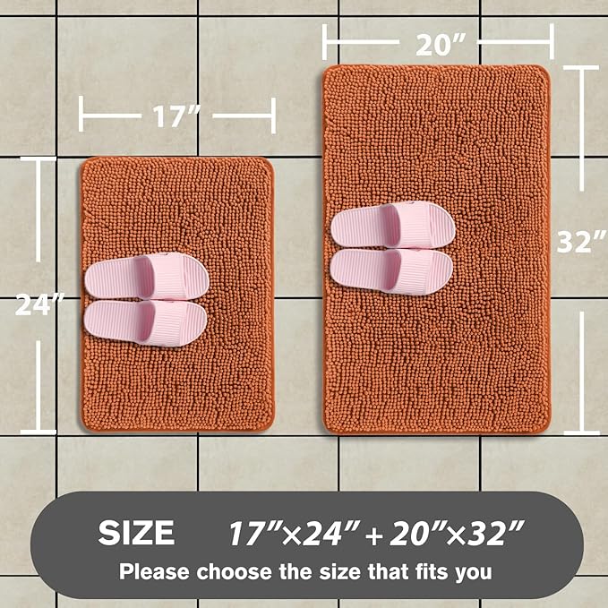 Burnt Orange Bathroom Rugs Sets 2 Piece – Absorbent and Washable Bath Mat, Non-Slip, Thick Soft Chenille Bath Rugs for Bathroom Floor, Shower, Sink - 17" x 24"+20" x 32"