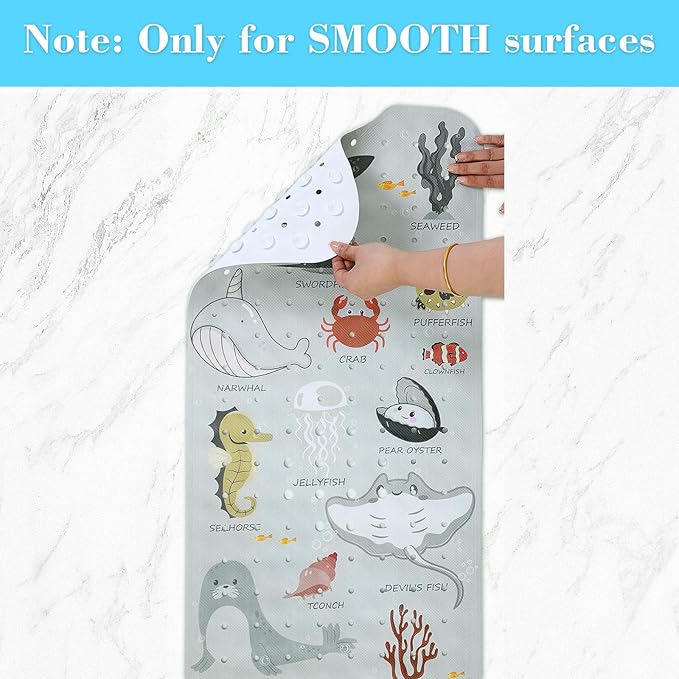 Secopad Bath Mat for Tub Non Slip, Machine Washable Anti-Slip Cartoon Baby Bathtub Shower Mat with Drain Holes and Suction Cups for Toddler & Kids, 40 Inch x 16 Inch, Greige Sea Animals